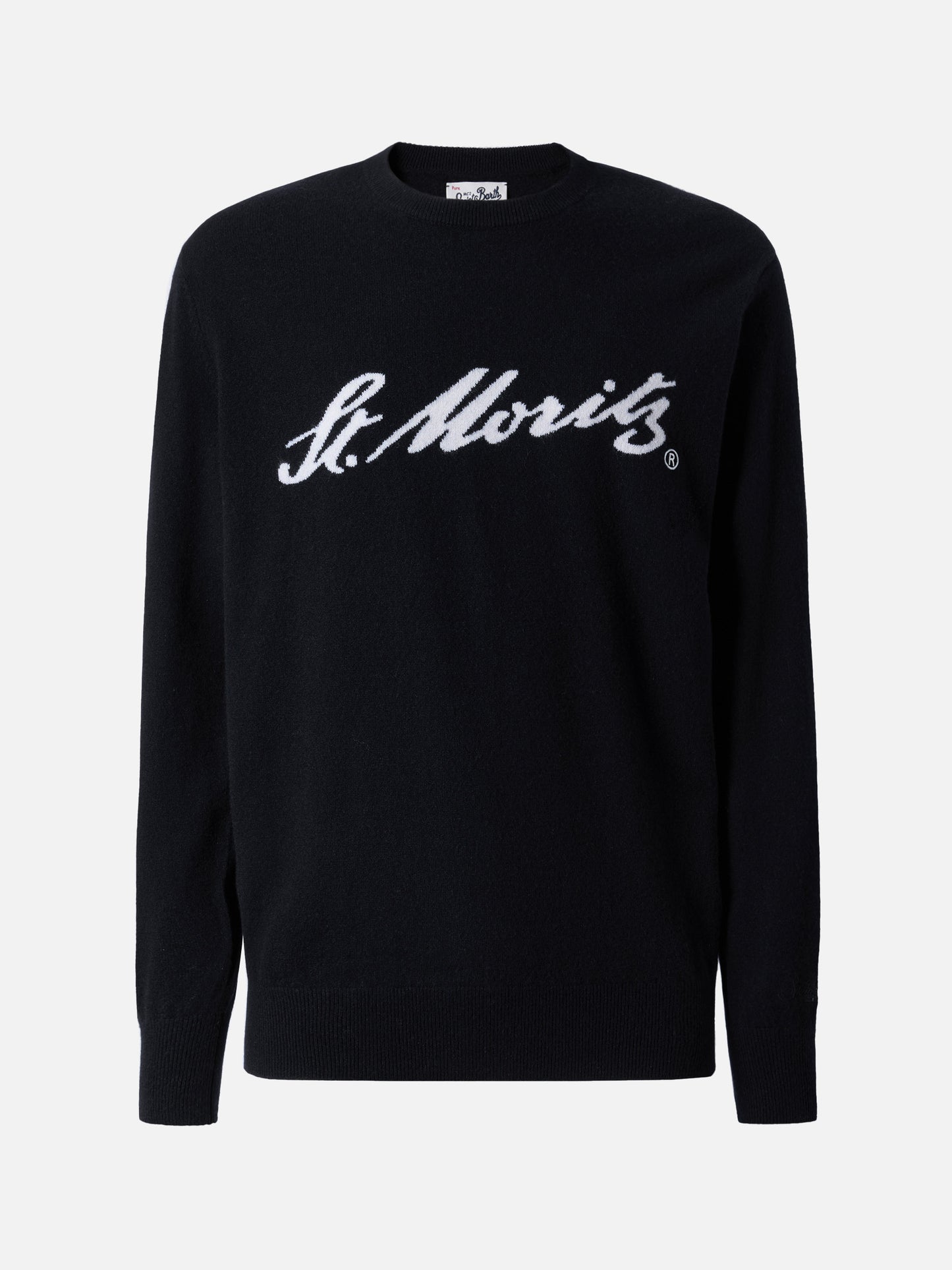 Heron Light sweater in 100% black CASHMERE with St. Moritz intarsia | ST. MORITZ TOP OF THE WORLD