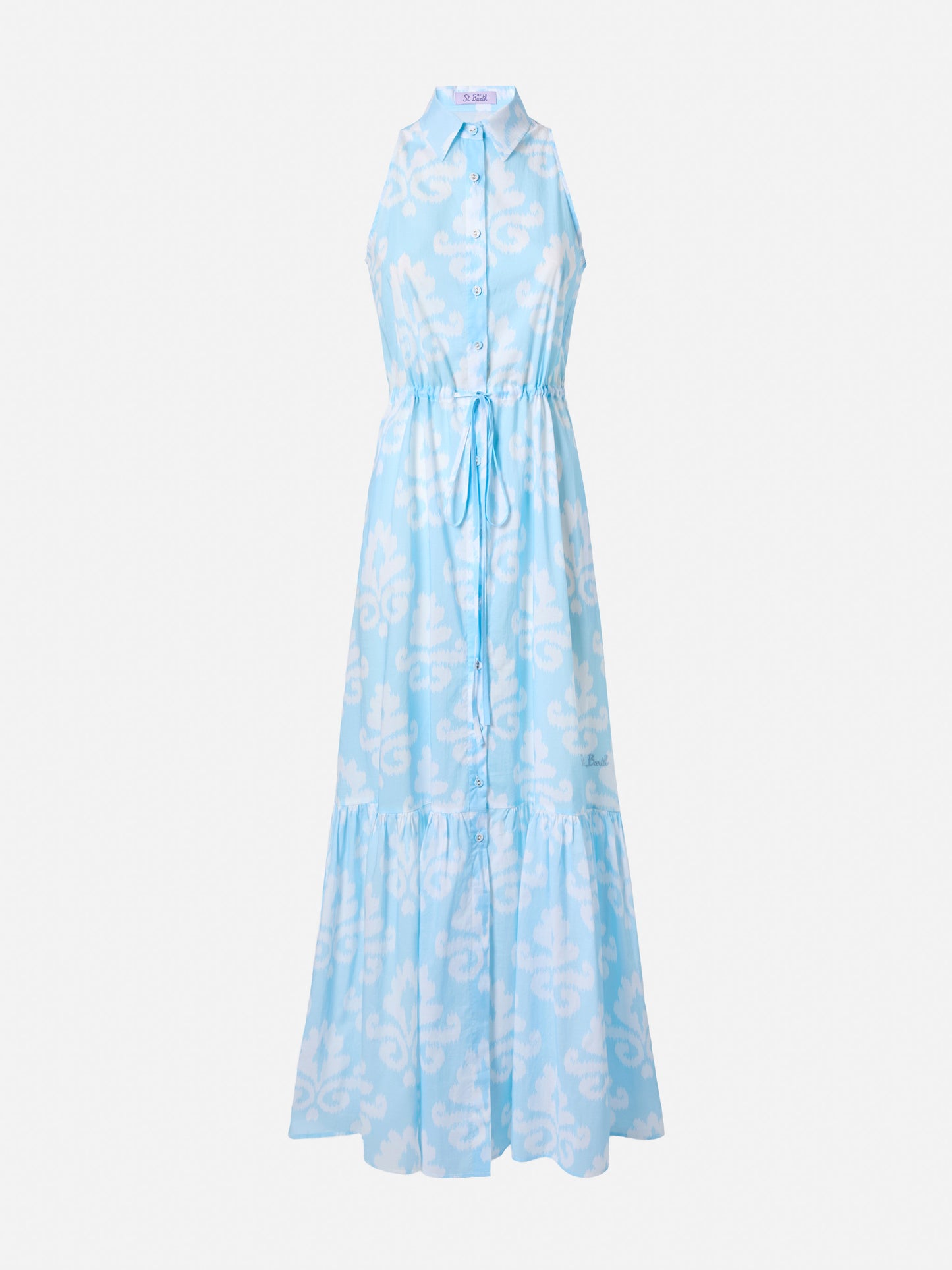 Abito lungo Ida con scollo all'americana e stampa ikat