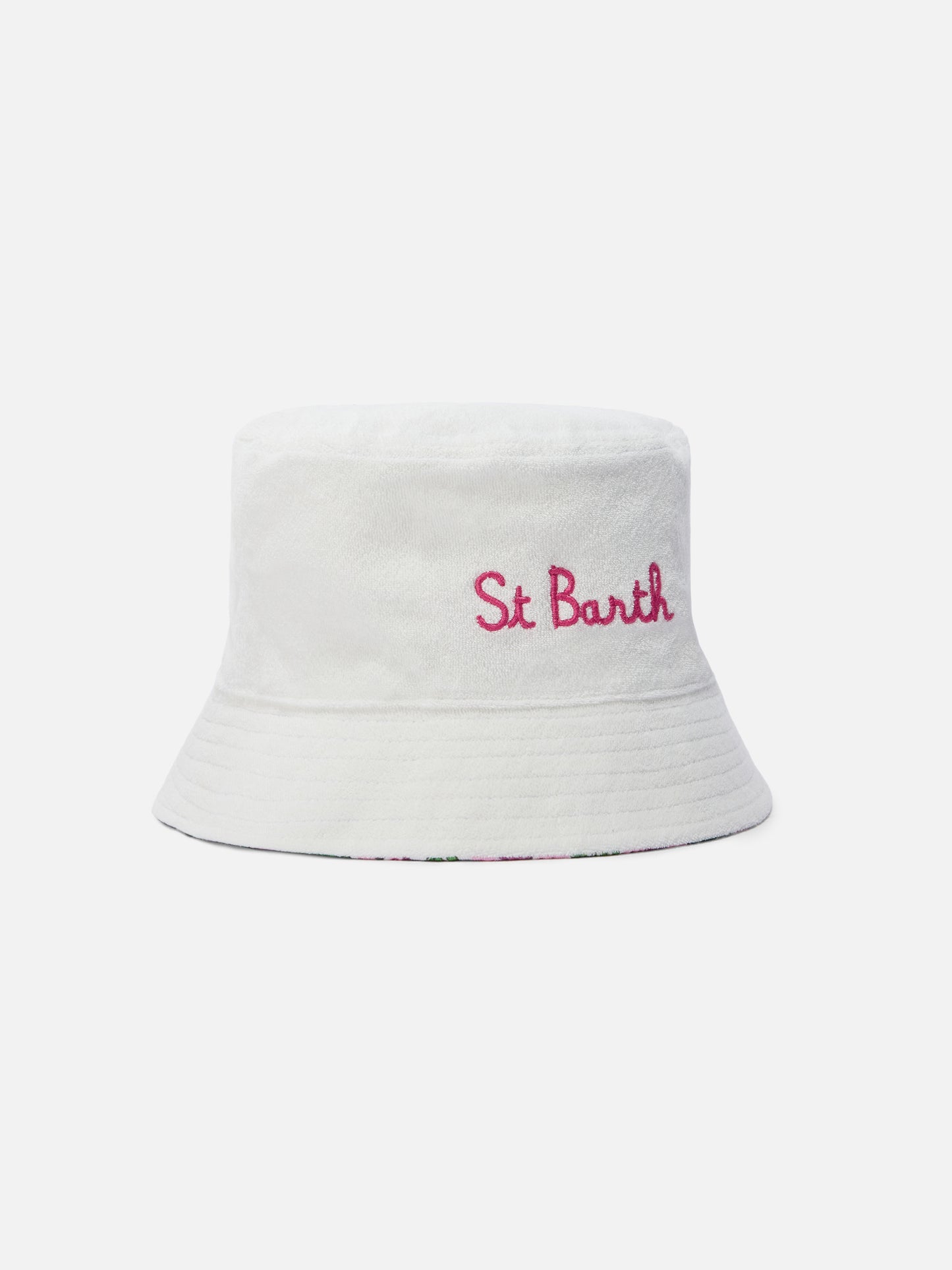 Reversible bucket hat in boho floral print and white terry cloth
