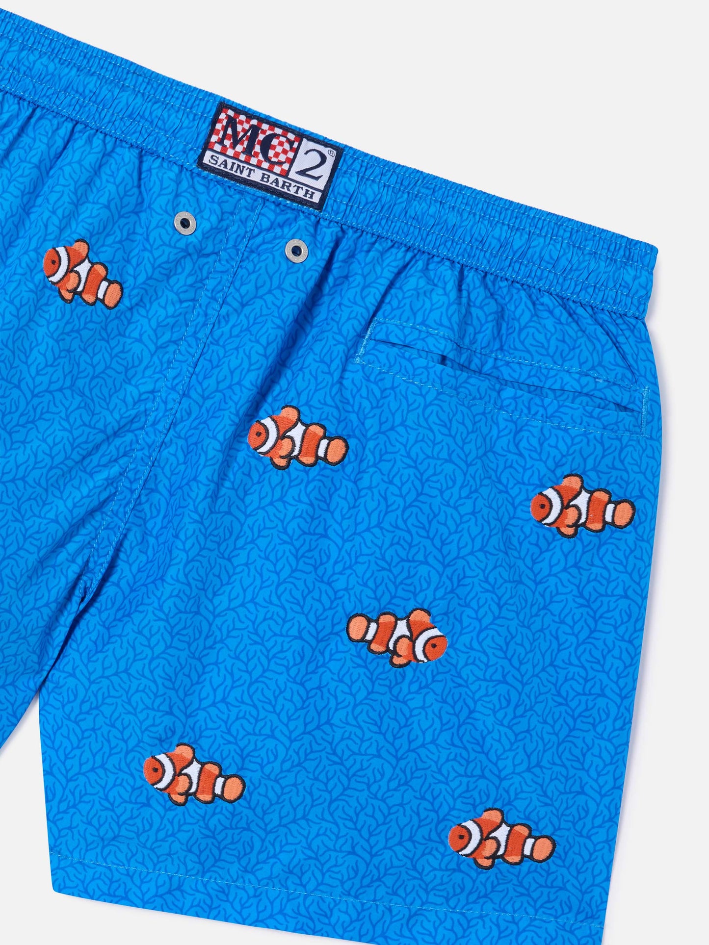 Short de bain Jean Embroidery avec poisson-clown sur fond corail