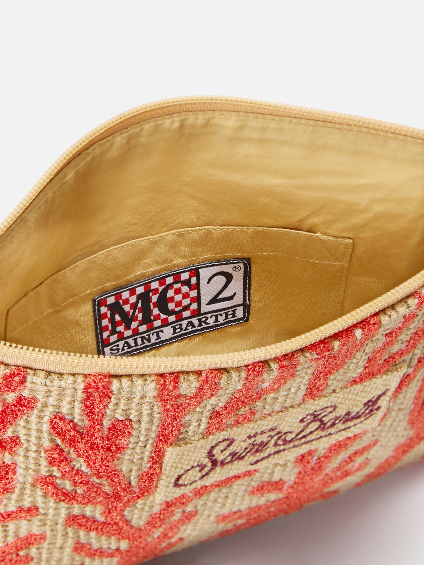 Pochette in juta con fantasia corallo ricamata