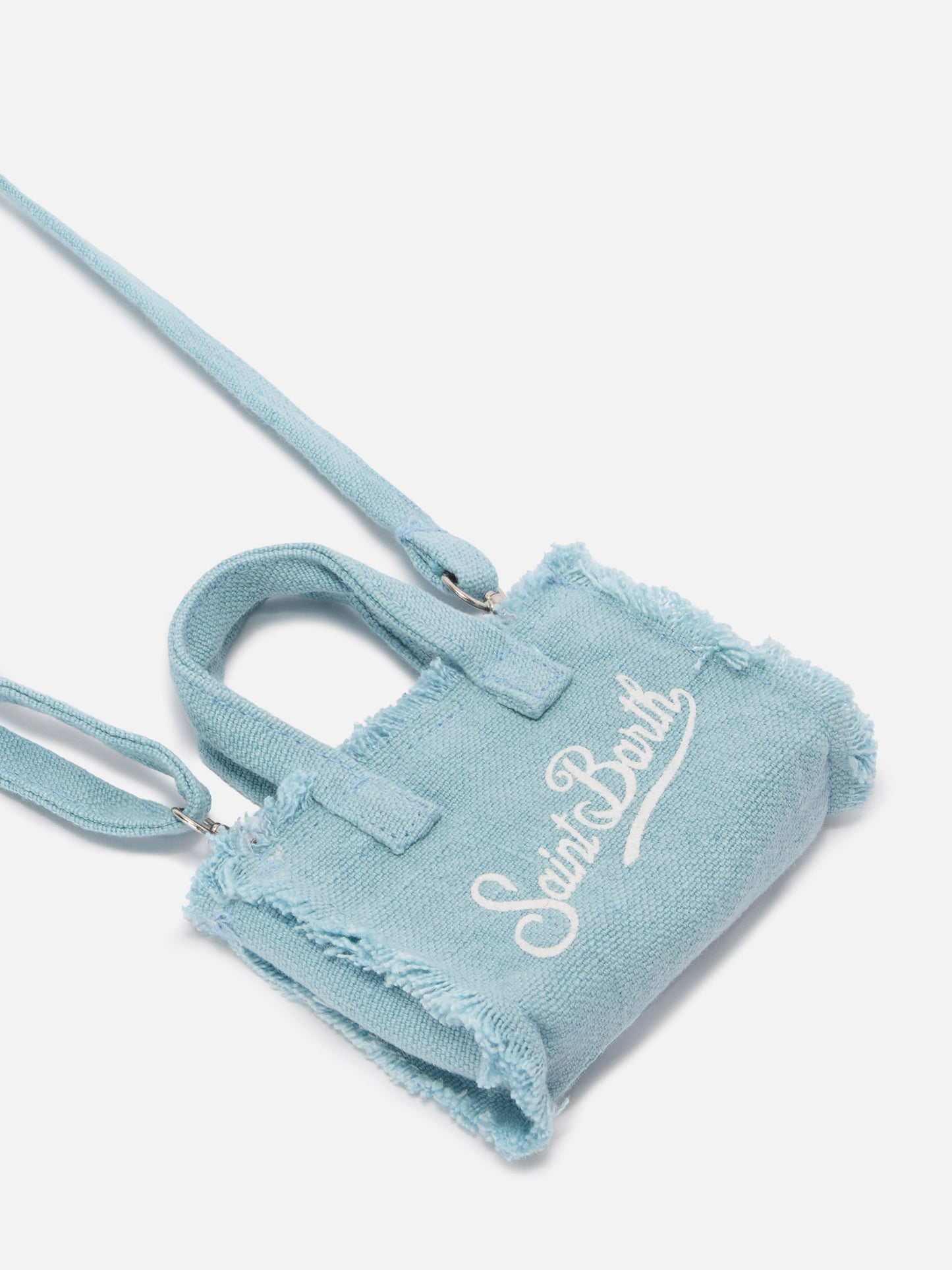Porte-clés en lin bleu clair en forme de mini sac avec logo imprimé