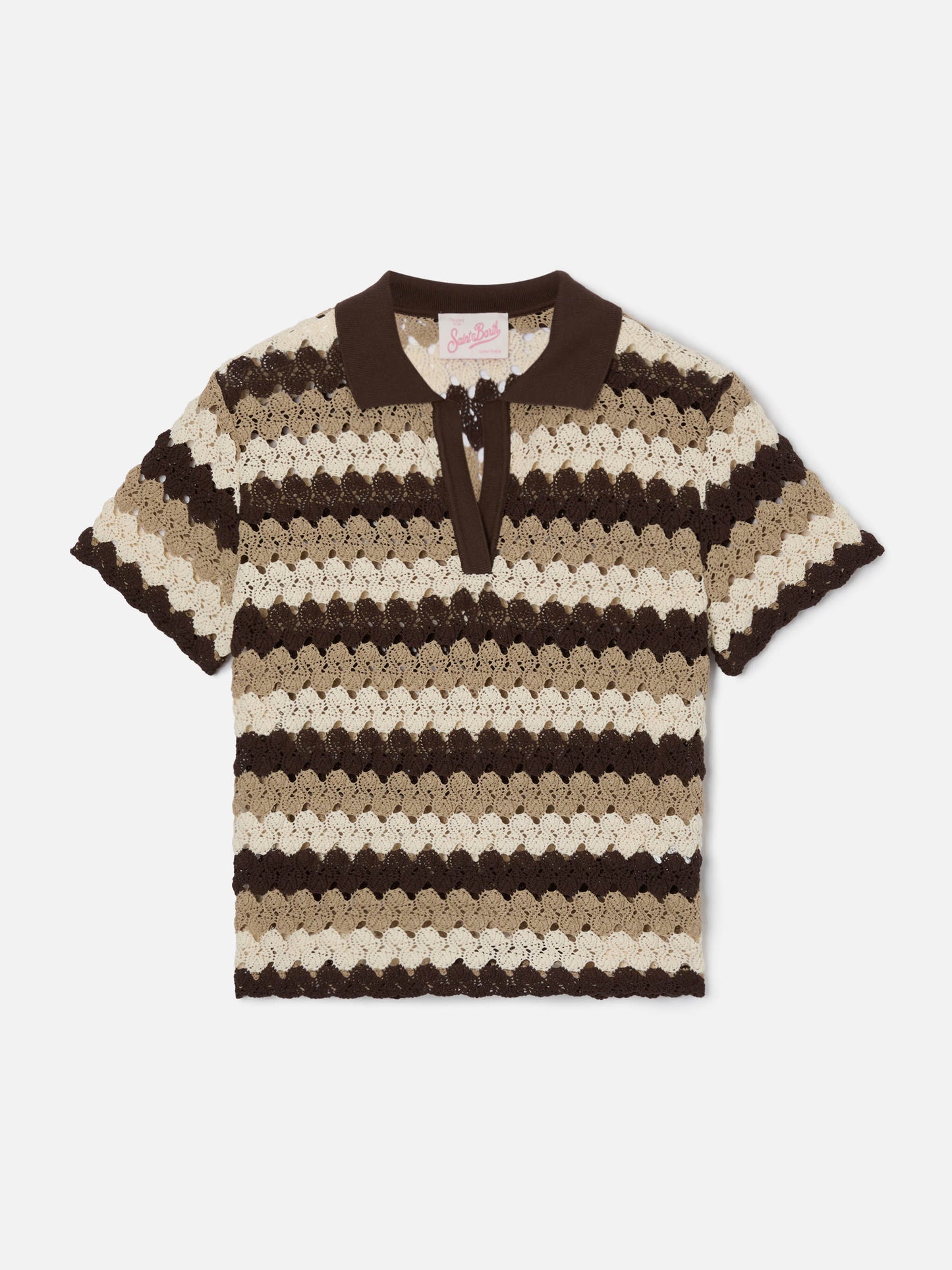 Lala crochet-effect cotton blend polo with striped pattern