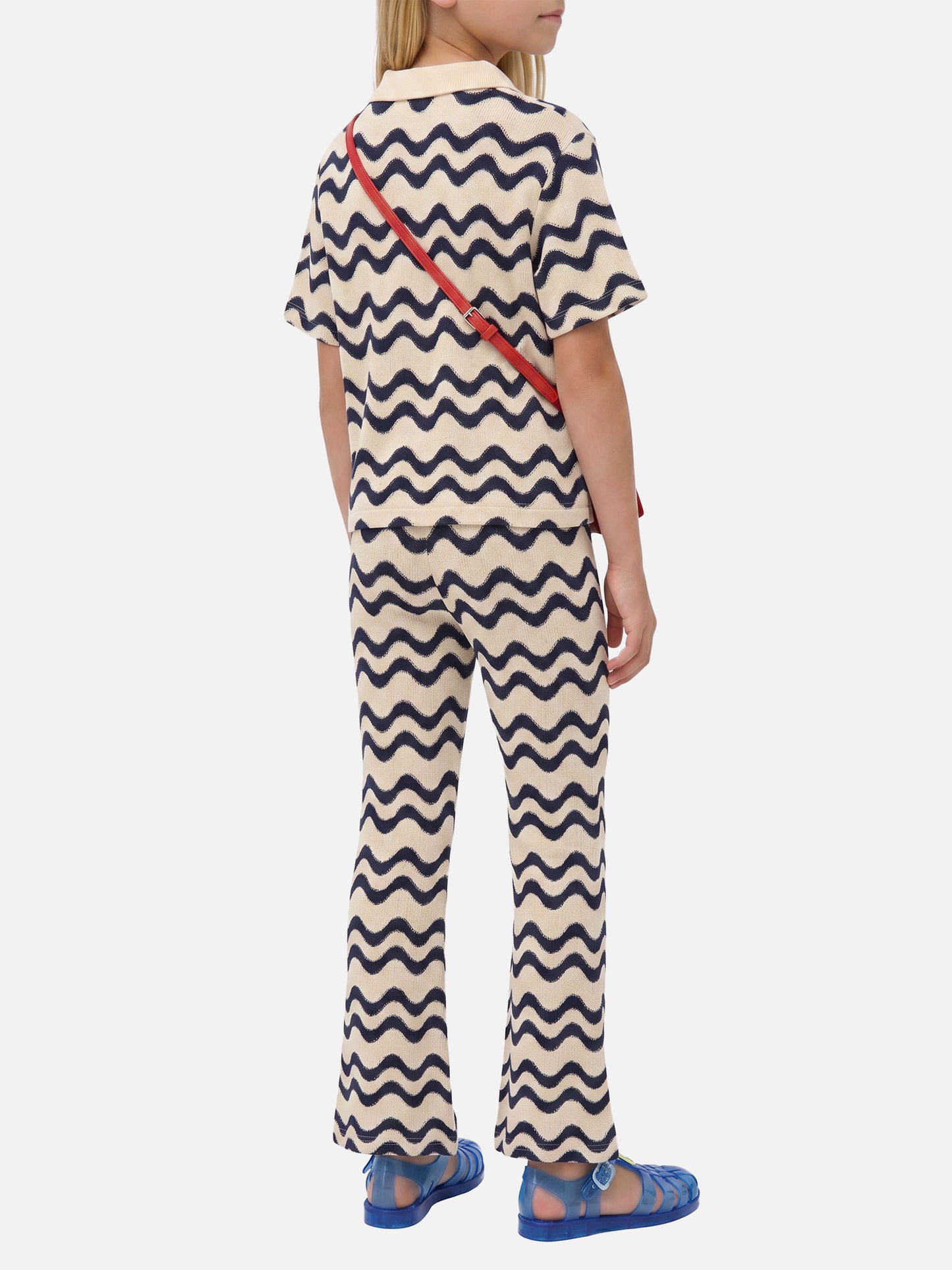 Pantalones de punto raschel Gwenda Jr con motivo de ondas en azul e marfil