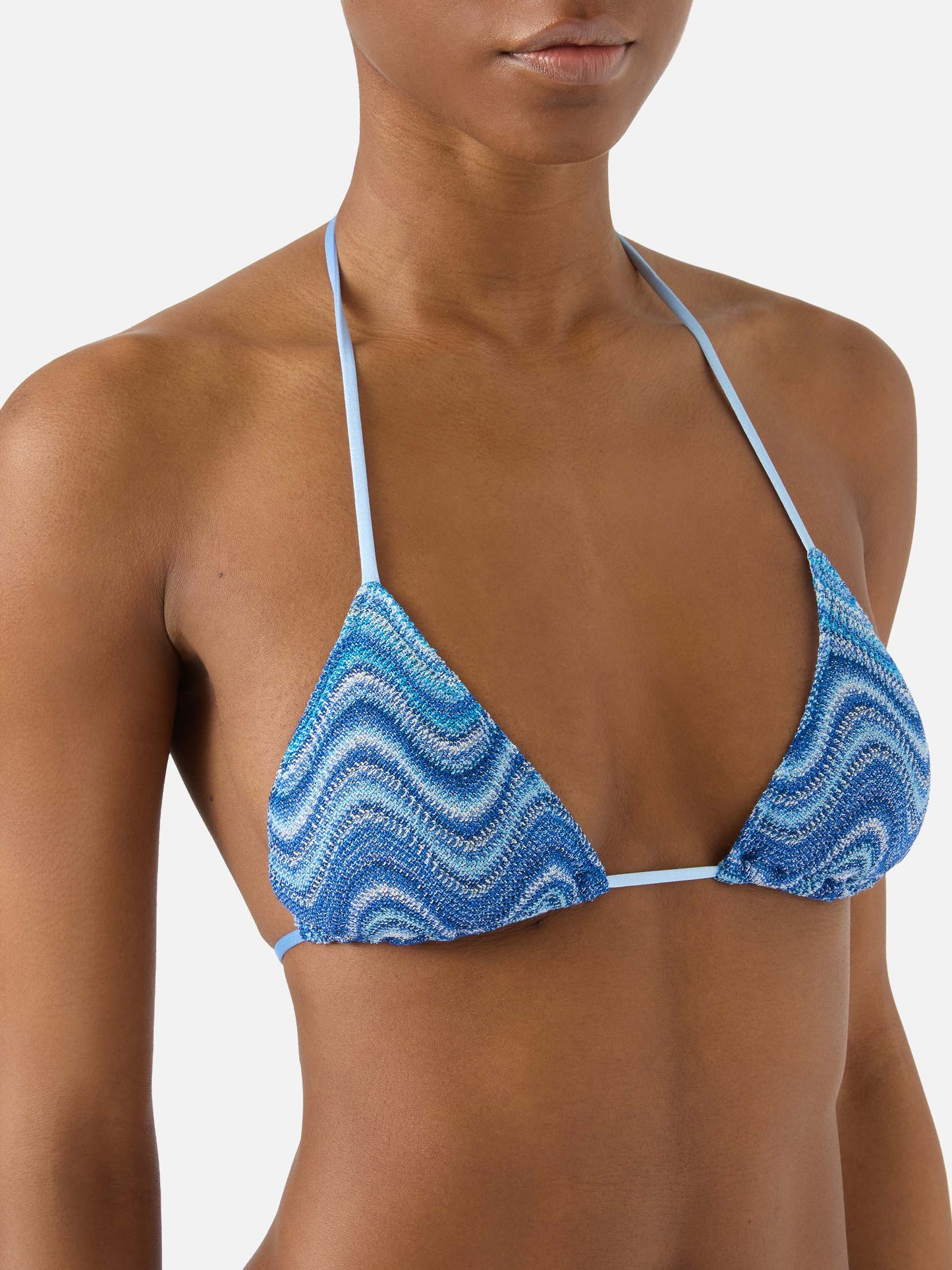Leah triangle bikini top in light blue wave-effect raschel fabric