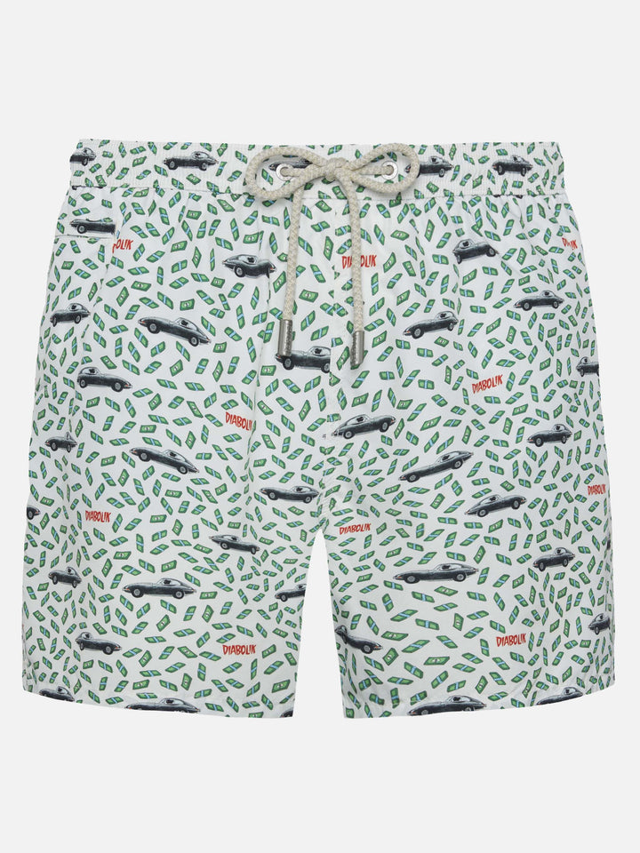 Herren-Badeshorts aus leichtem Stoff mit Auto- und Geldaufdruck | DIABOLIK SONDEREDITION