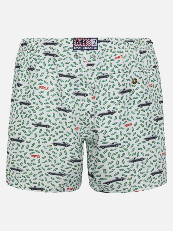 Herren-Badeshorts aus leichtem Stoff mit Auto- und Geldaufdruck | DIABOLIK SONDEREDITION