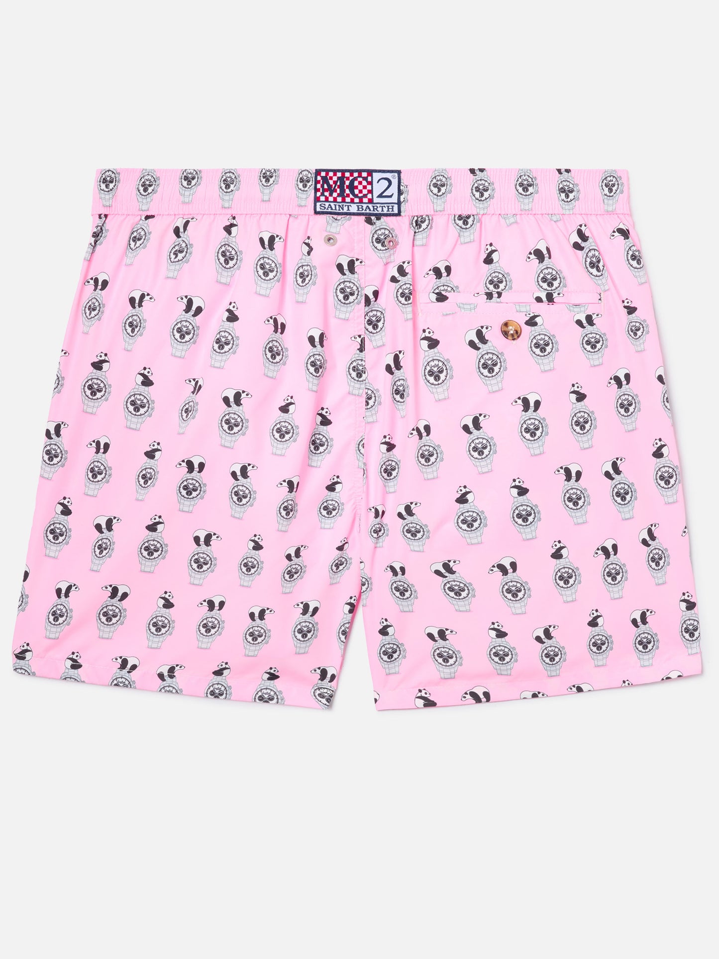 Pink Lighting Micro swim shorts with panda and watches all-over print
