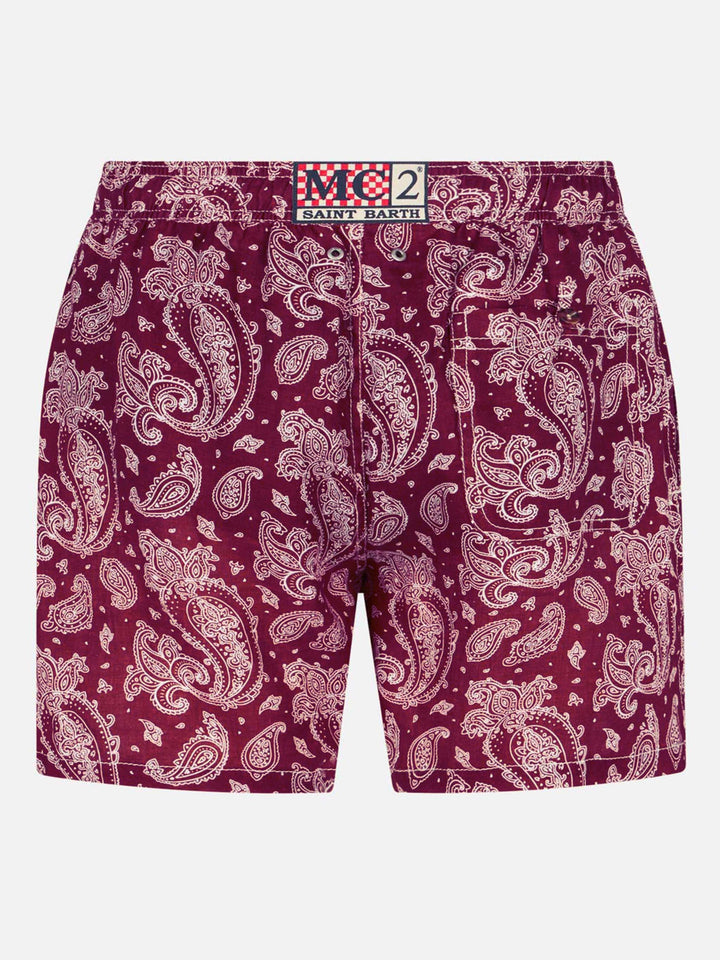 Man light fabric swim shorts with burgundy paisley print