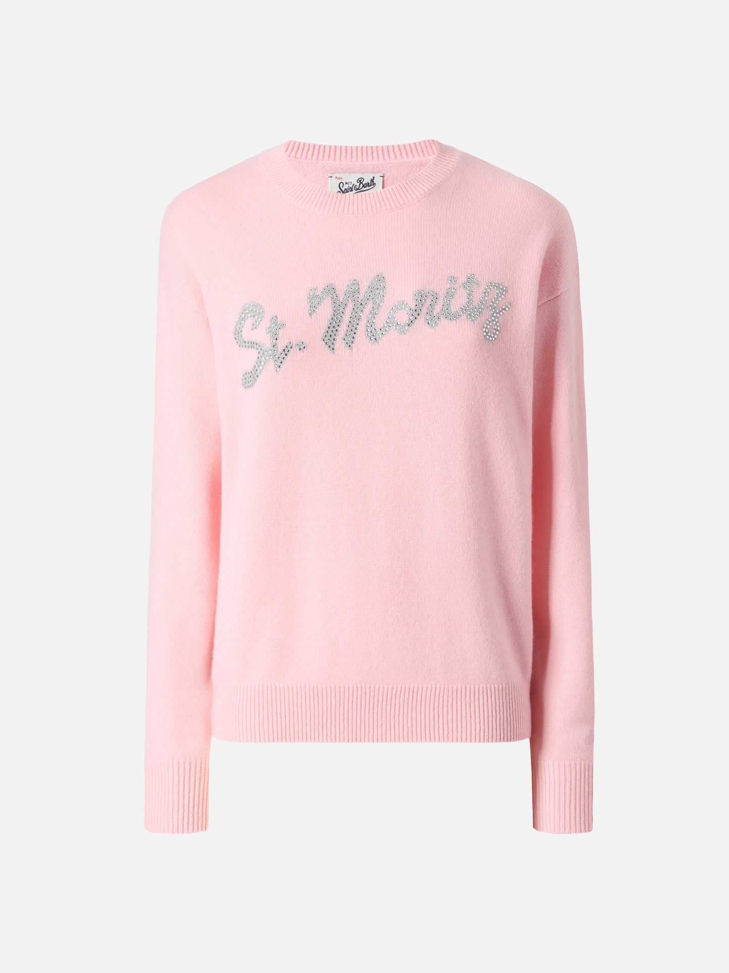 Maglione Louise in cashmere rosa con applicazione St. Moritz in strass