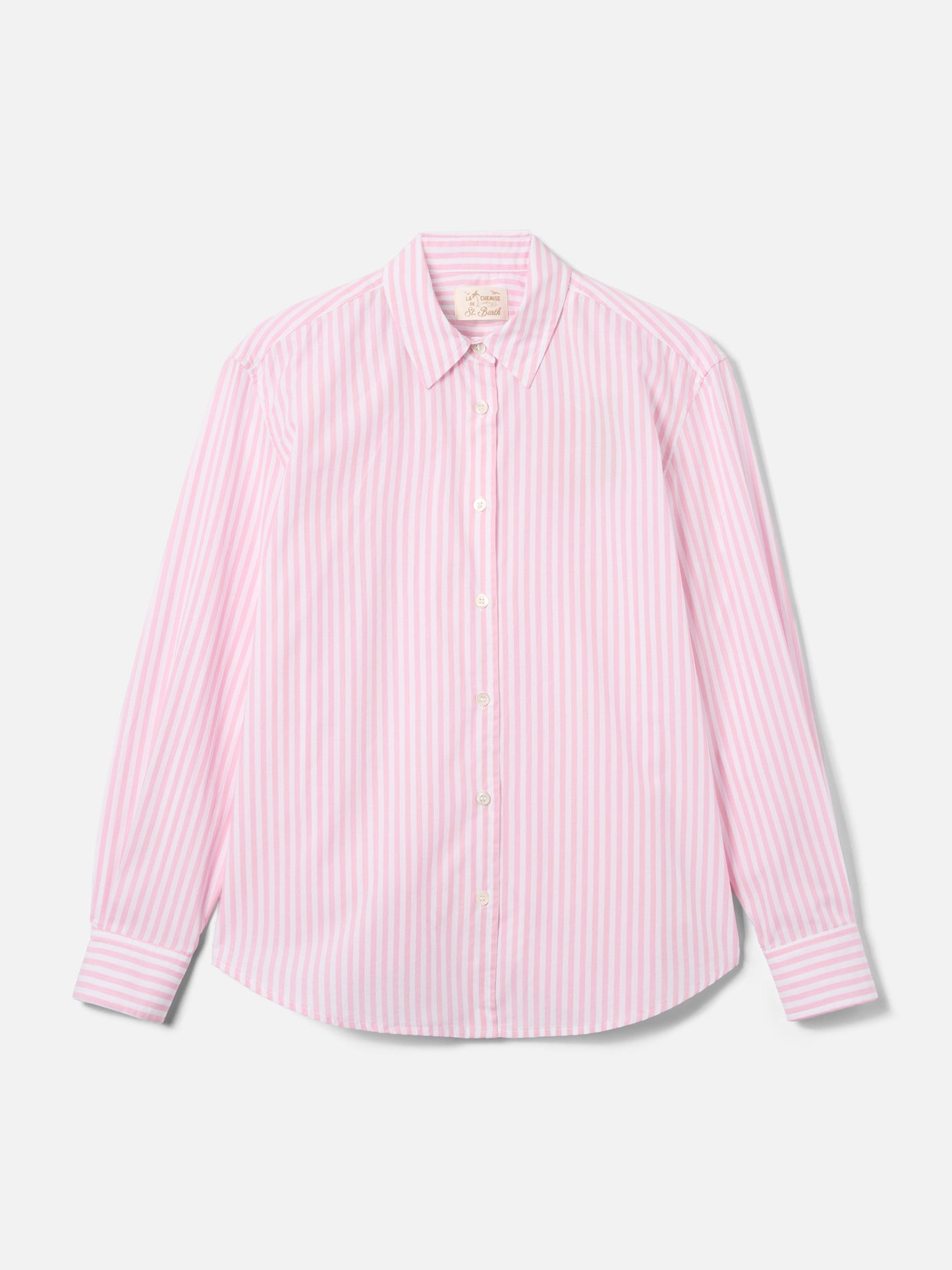Meredith cotton shirt with pink stripes and Saint Barth embroidery