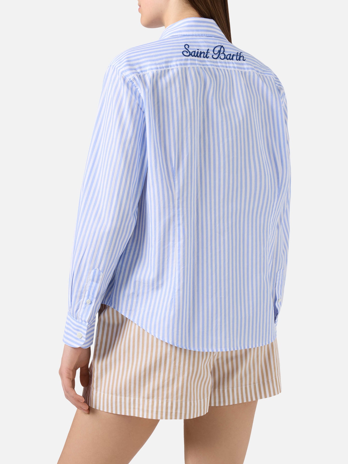 Meredith cotton shirt with blue stripes and Saint Barth embroidery