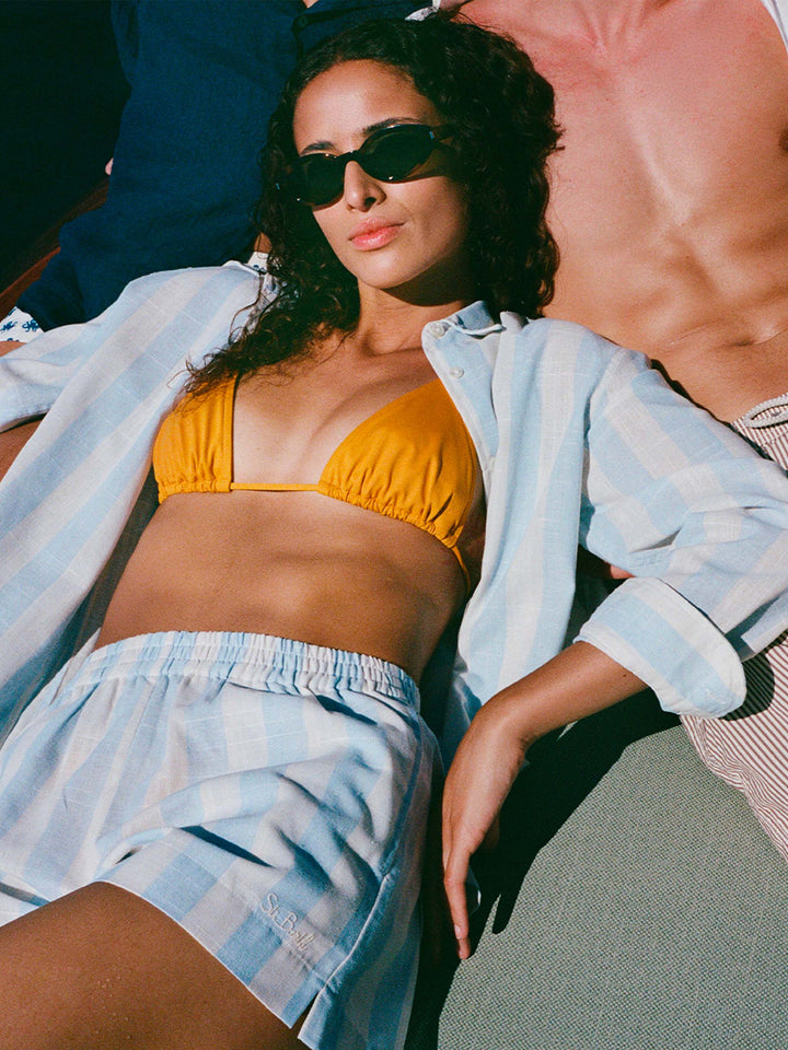 Camicia classica in cotone Meredith con stampa a righe azzurre