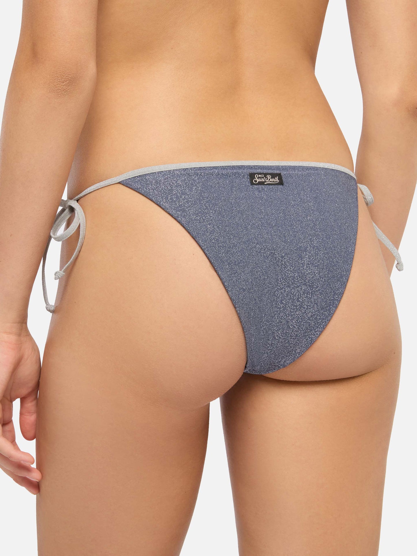 Leah Marielle classic triangle bikini in blue aviator lurex with silver trim