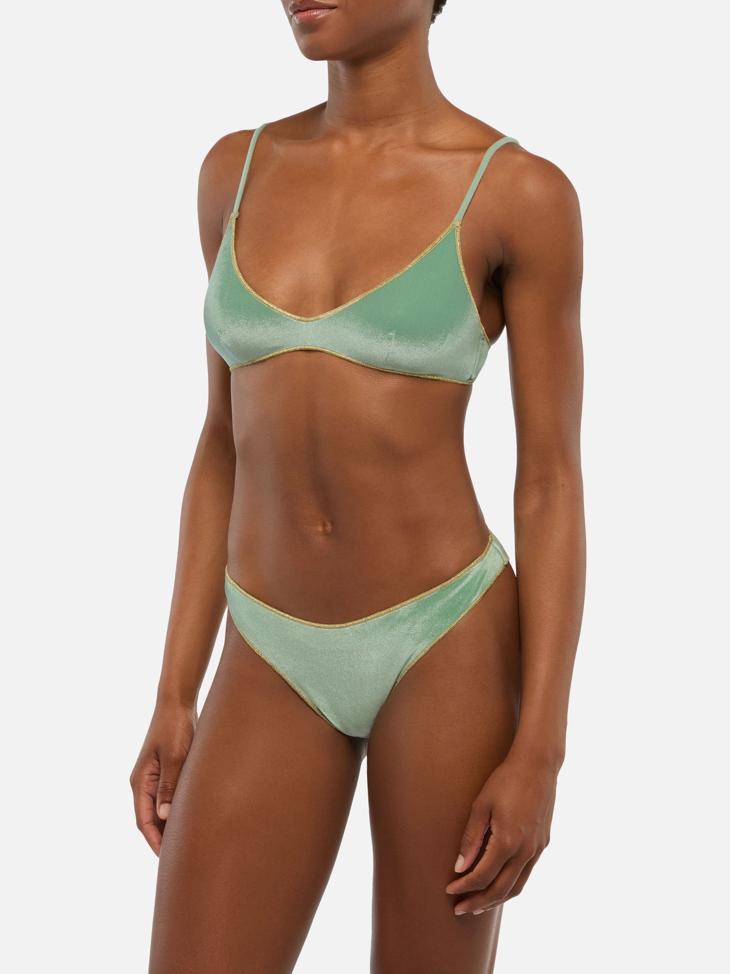 Naomi, frecher Badeslip aus Salbeigrün mit goldener Paspelierung – Paloma, Salbeigrüner Samt-U-Bralette