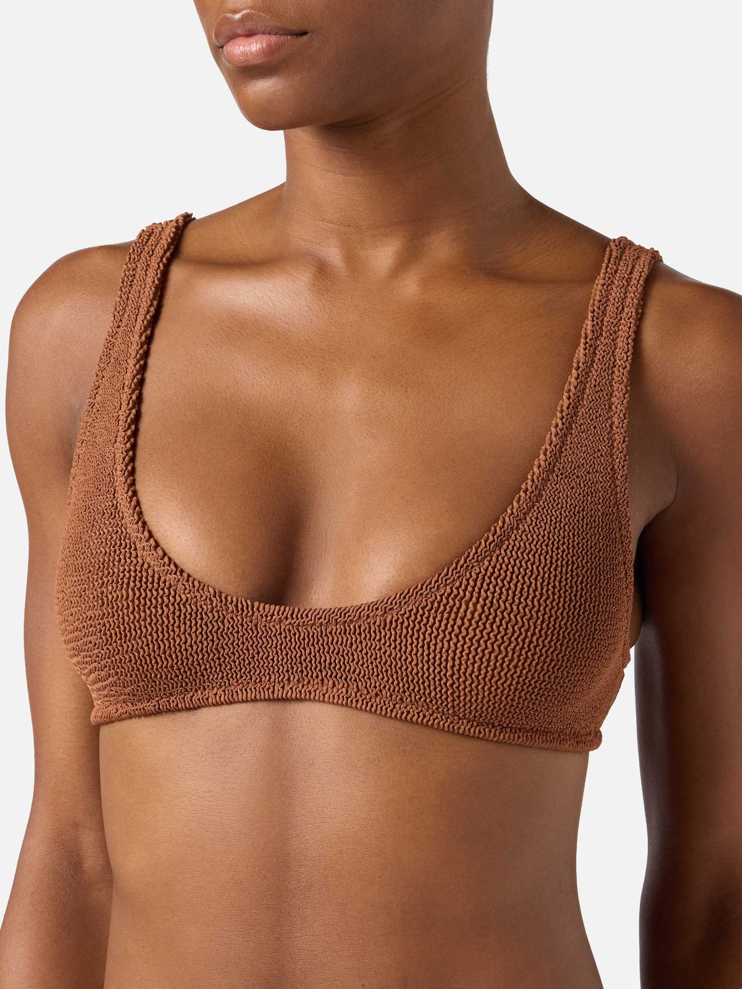Haut de bikini brassière Pamy en tissu froissé marron