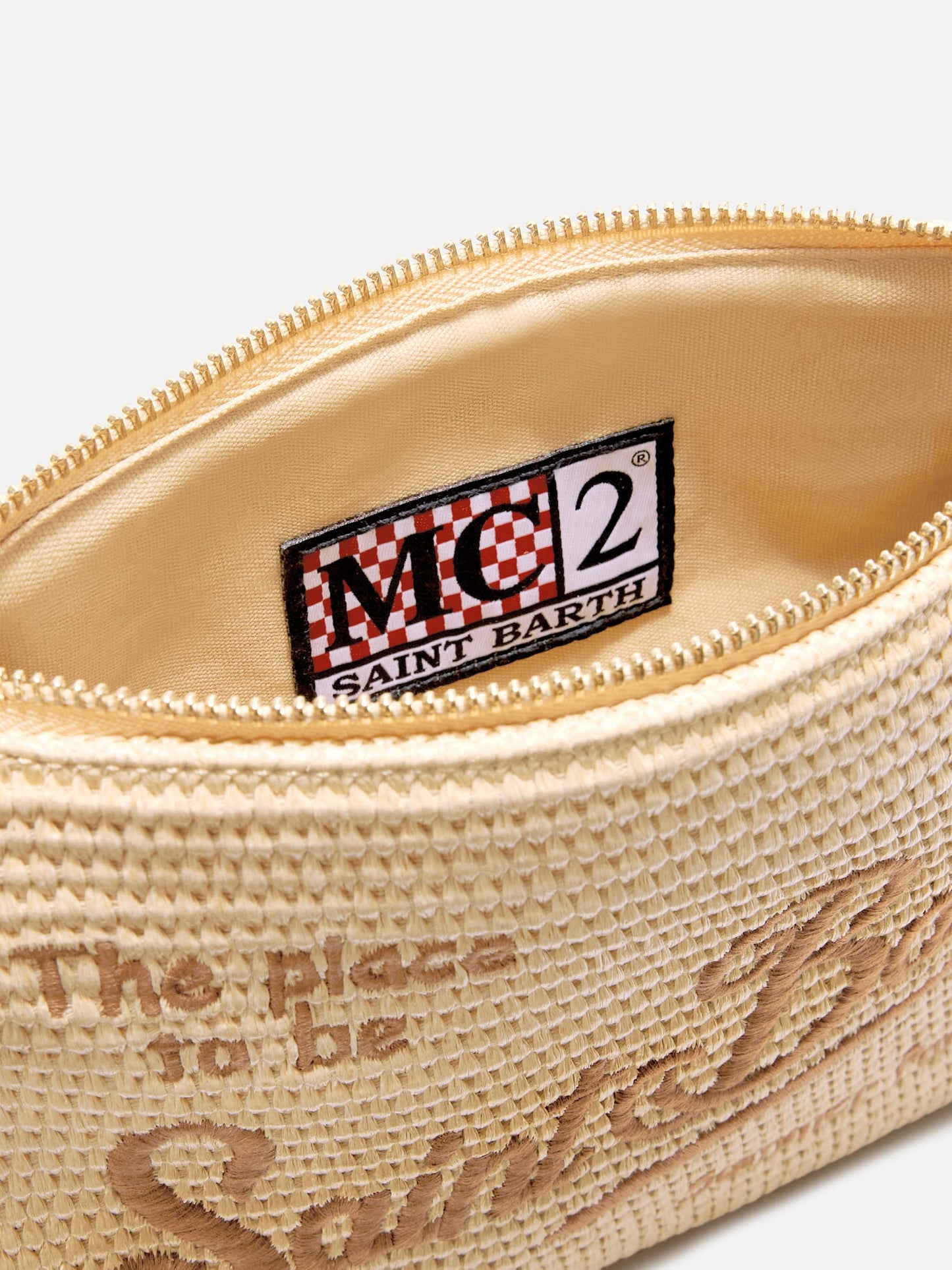 Pochette efecto paja Parisienne con logo marrón bordado y correa extraíble