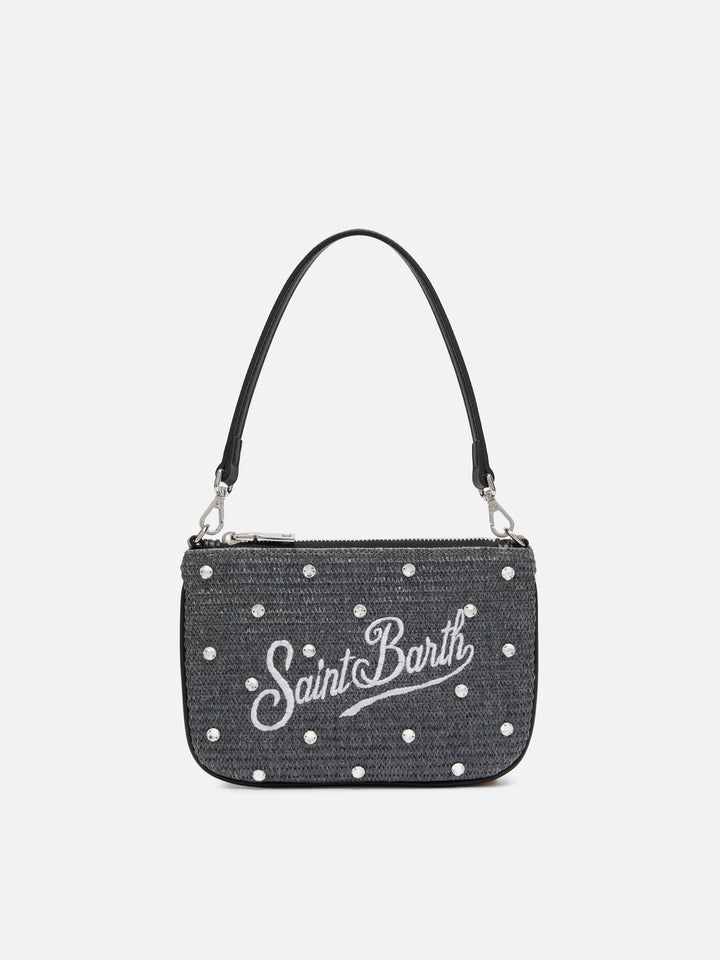 Schwarze Parisienne-Mini-Beuteltasche aus Stroh mit Strassverzierung