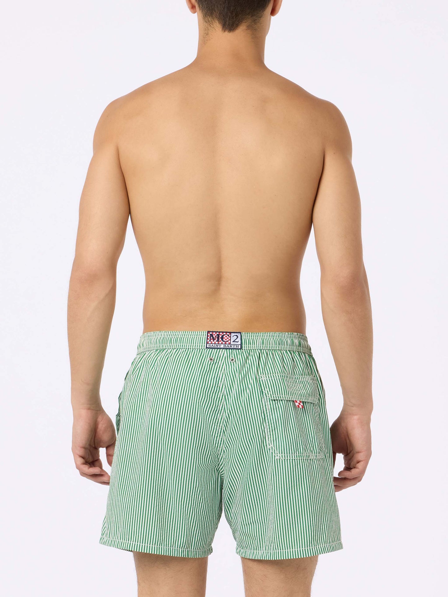 Seersucker green striped classic light swim shorts Patmos - MC2 Saint Barth