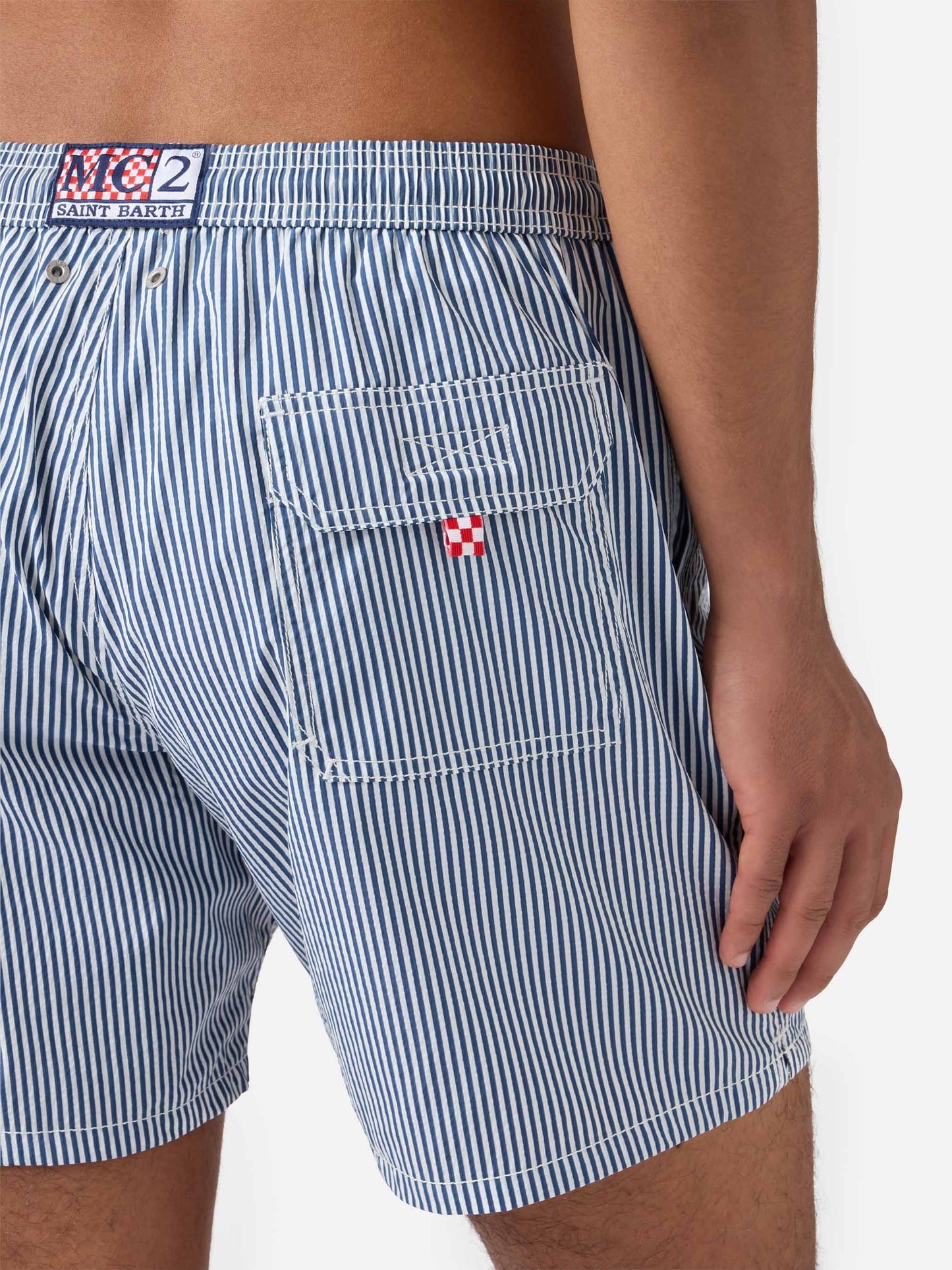 Seersucker navy blue striped classic light swim shorts Patmos