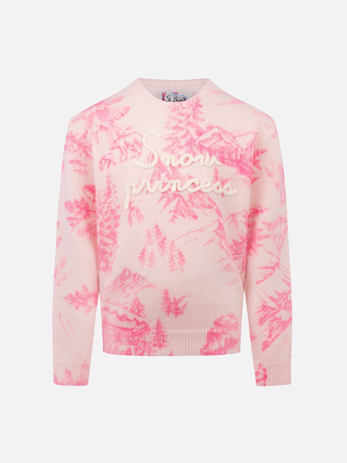 Girl pink crewneck sweater Princess with toile de jouy print and Snow Princess embroidery - MC2 Saint Barth
