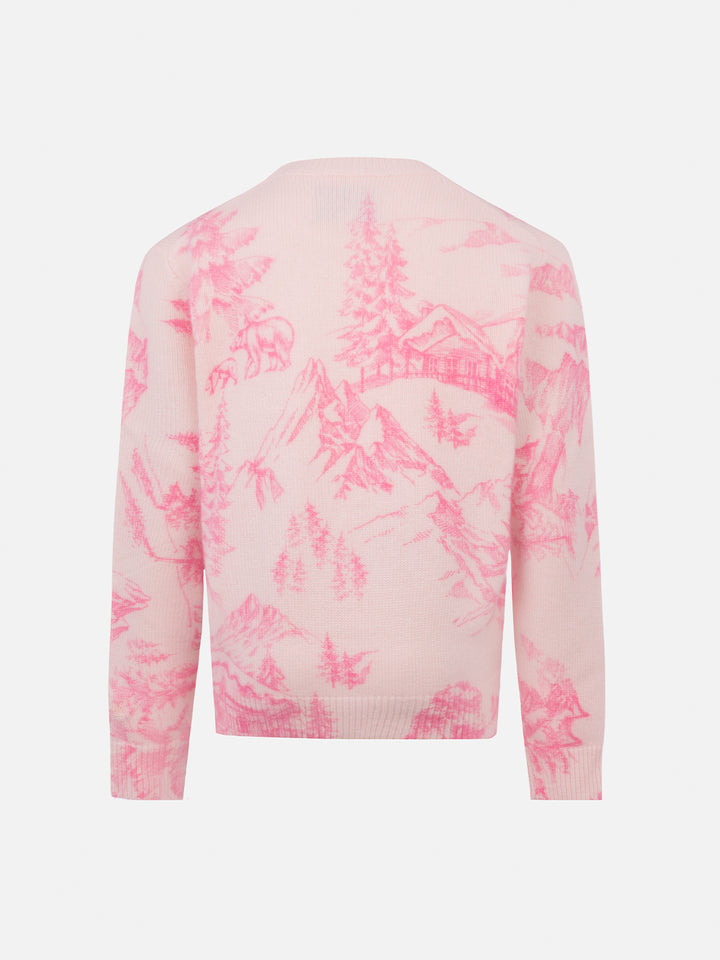 Girl pink crewneck sweater Princess with toile de jouy print and Snow Princess embroidery - MC2 Saint Barth