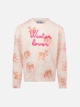Girl pink crewneck sweater Princess with pines fawn print and Winter Lover embroidery - MC2 Saint Barth