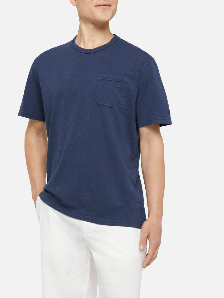 Marineblaues geflammtes Baumwoll-T-Shirt President mit Stickerei