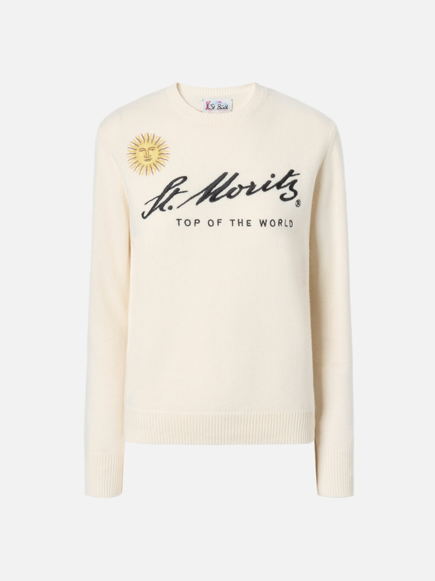 Neuer weißer Queen-Pullover aus Kaschmirmischung mit St. Moritz-Stickerei | ST. MORITZ TOP OF THE WORLD SPECIAL EDITION