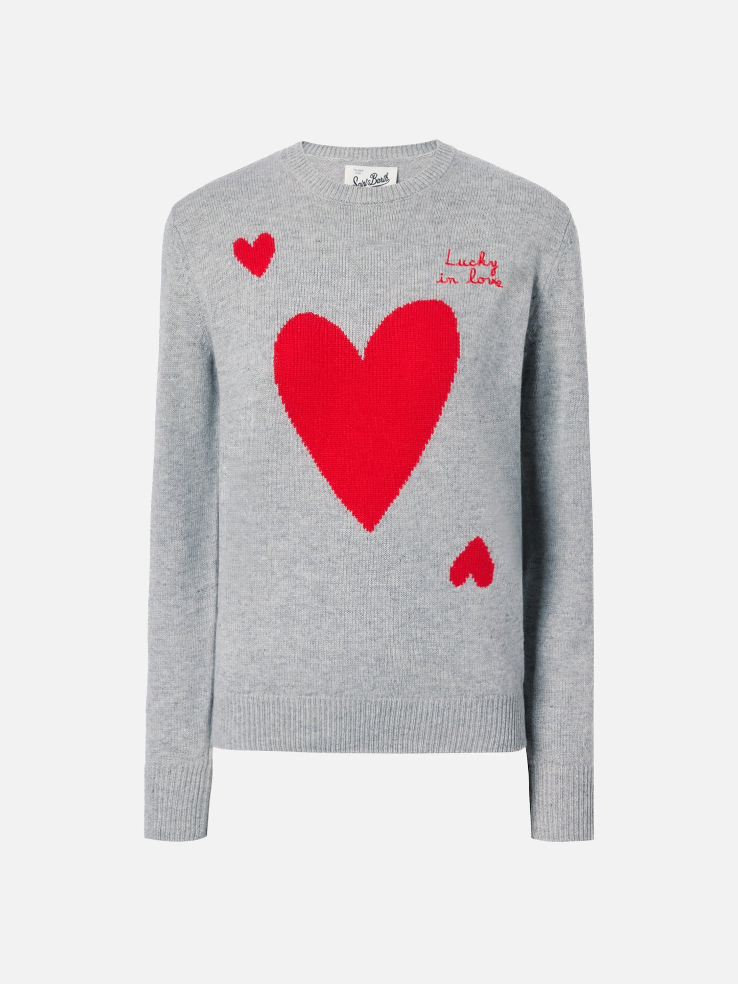 Maglione New Queen in misto cashmere grigio con ricamo Lucky in love