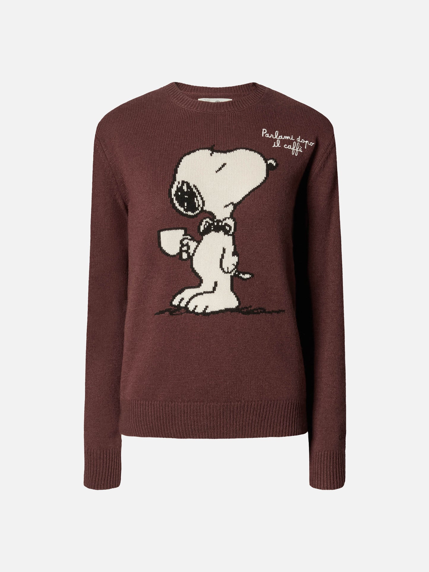 Neuer Queen-Pullover aus Kaschmirmischung in Braun mit Snoopy-Jacquardmuster und Stickerei | PEANUTS-SONDEREDITION