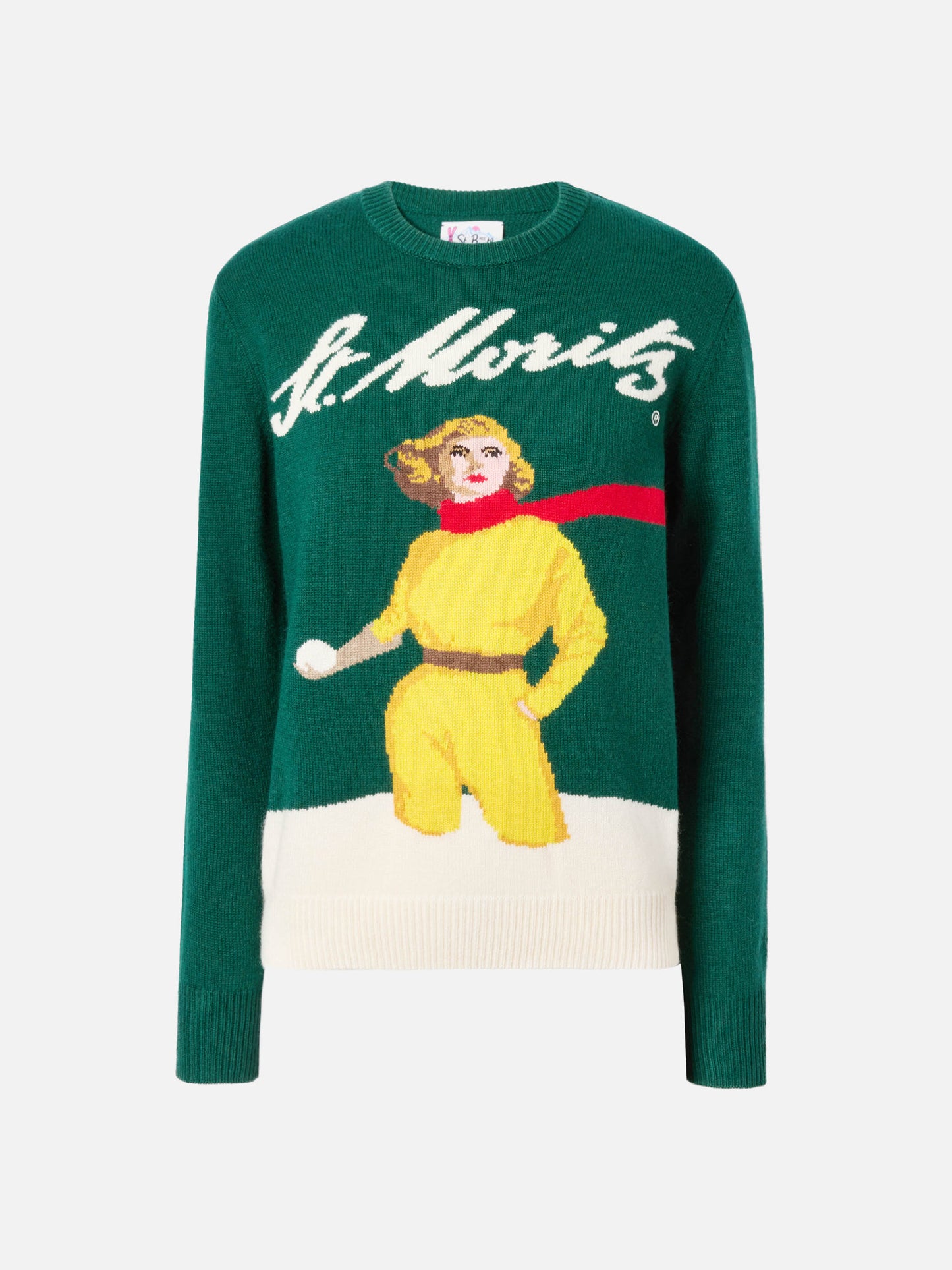 New Queen cashmere-blend sweater in green with St. Moritz postcard jacquard | ST. MORITZ SPECIAL EDITION