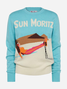 Light blue sweater New Queen with Sun Moritz postcard jacquard - MC2 Saint Barth