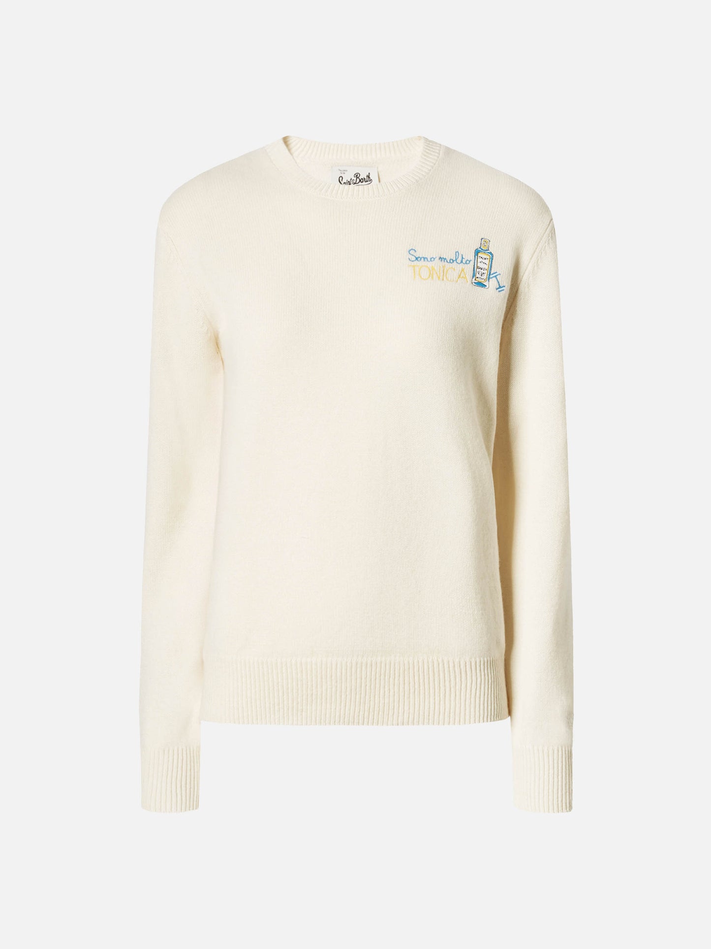 Maglione New Queen in misto cashmere bianco con ricamo Sono molto tonica