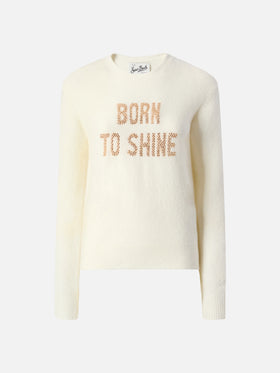 New Queen stretch sweater in merino-wool and alpaca blend in white with Born to Shine rhinestone appliqué