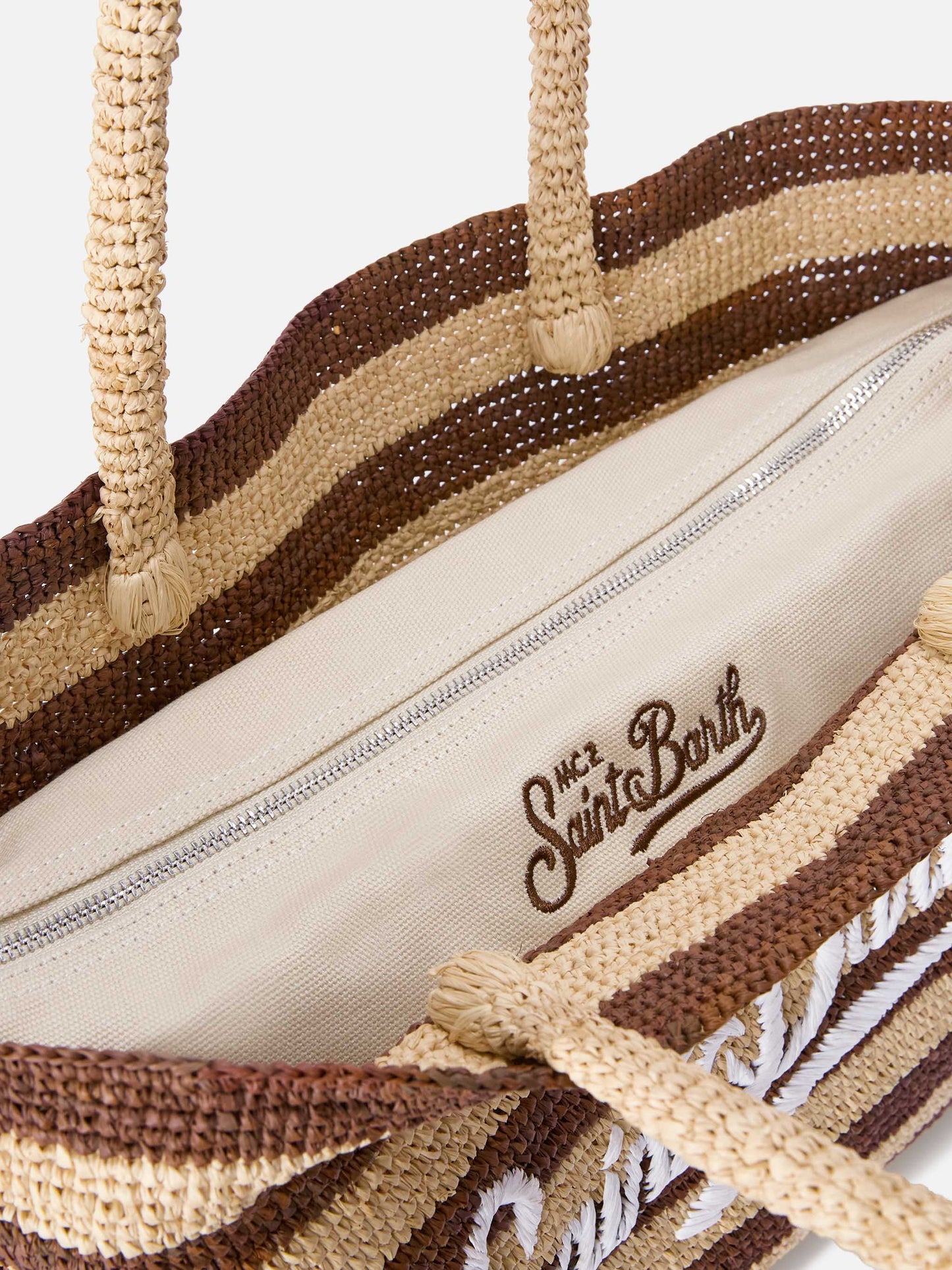 Beach raffia bag with brown stripes and embroidered logo