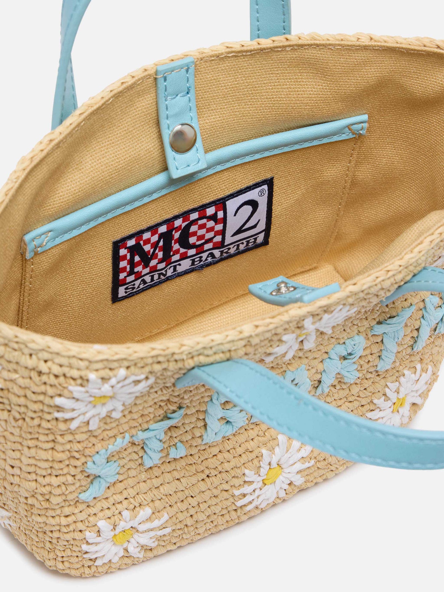 Beige Raffia City Mini-Tasche mit Gänseblümchen-Stickerei