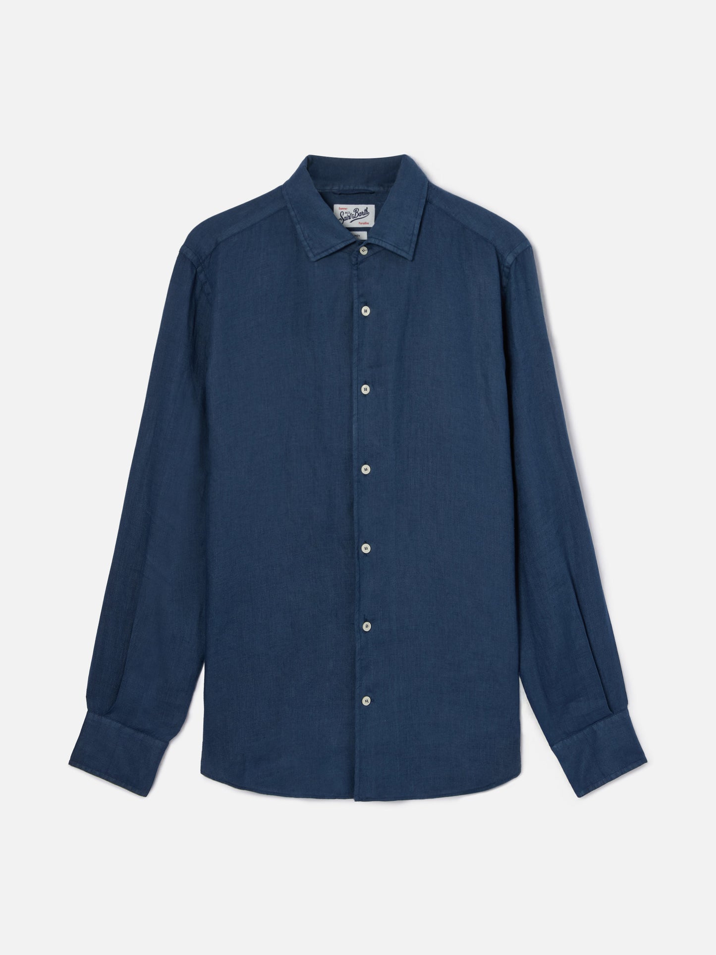 Camisa Raphael azul marino en lino con teñido mineral en prenda