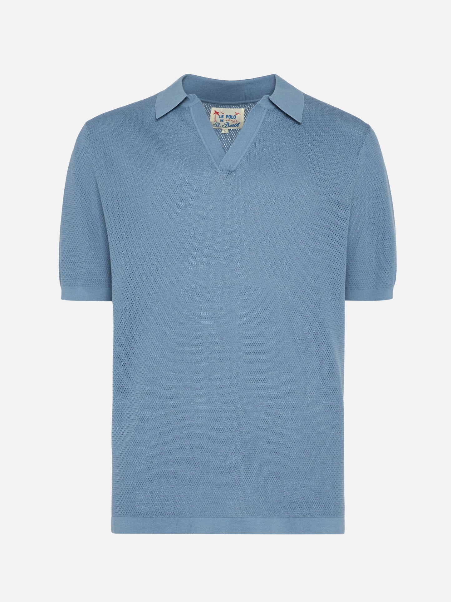 Sloan dusty blue mesh buttonless knitted polo shirt