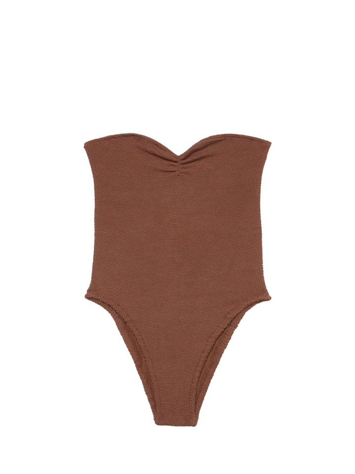 Soleil brown crinkle strapless one-piece swimsuit