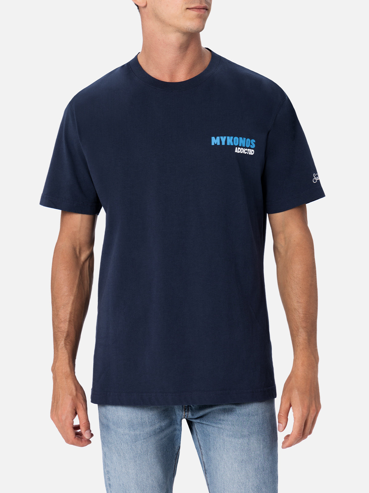 Man cotton t-shirt with Mykonos Addicted postcard placed print - MC2 Saint Barth