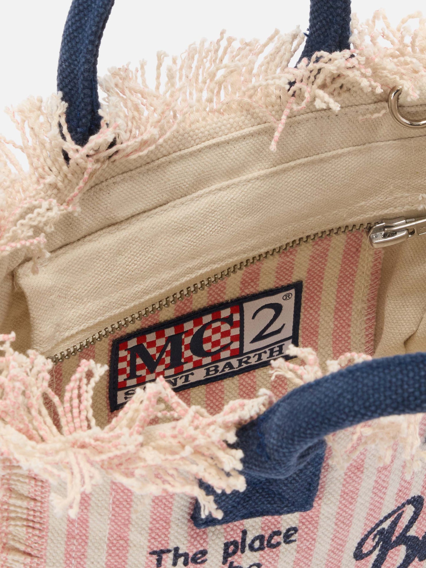 Mini vanity bag en toile à rayures roses avec détails contrastés