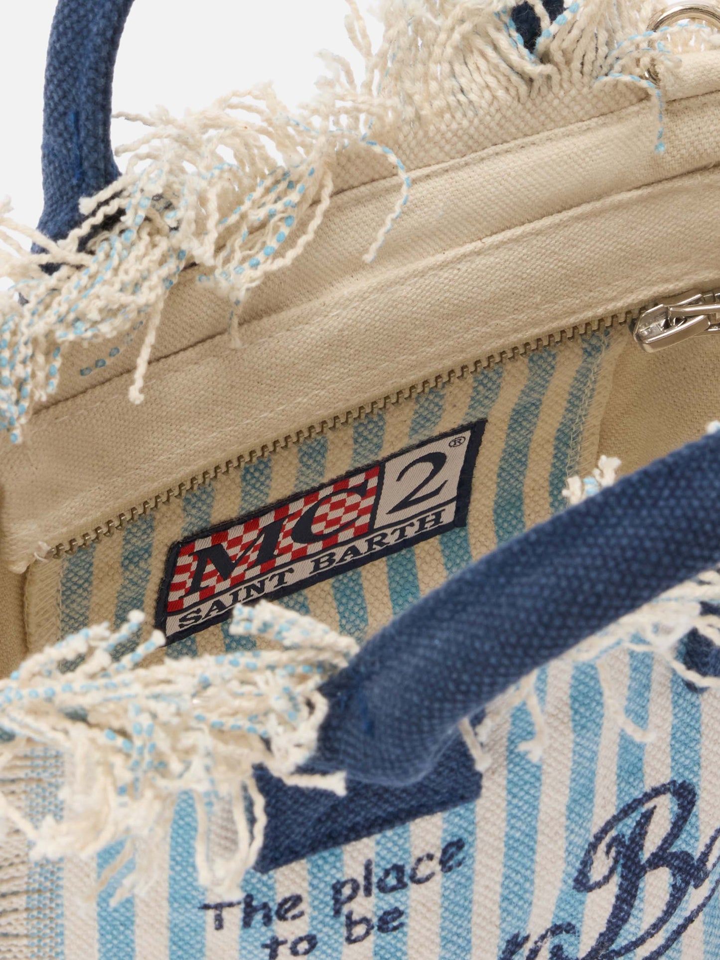 Mini sac Vanity en toile à rayures bleu clair avec détails contrastés
