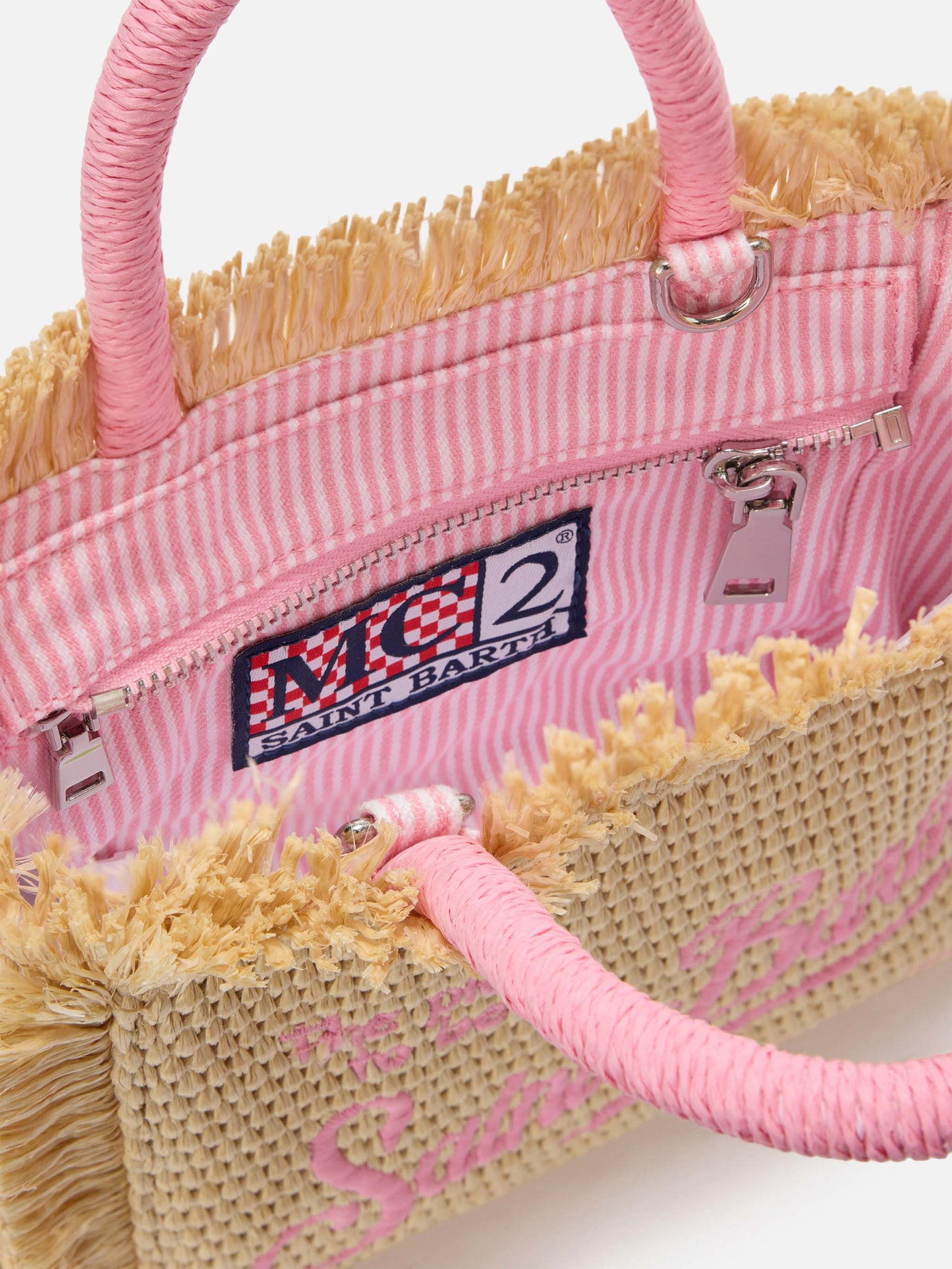 Vanity mini straw effect bag with embroidered logo