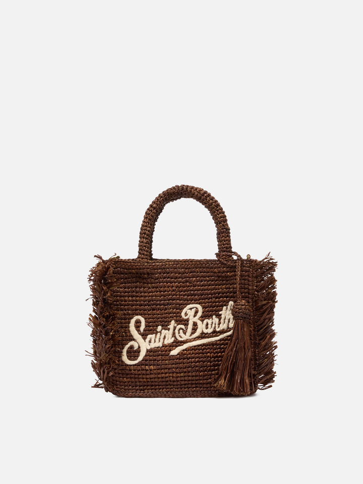 Mini Vanity Tasche aus Raffiabast mit Fransen und Saint Barth-Stickerei