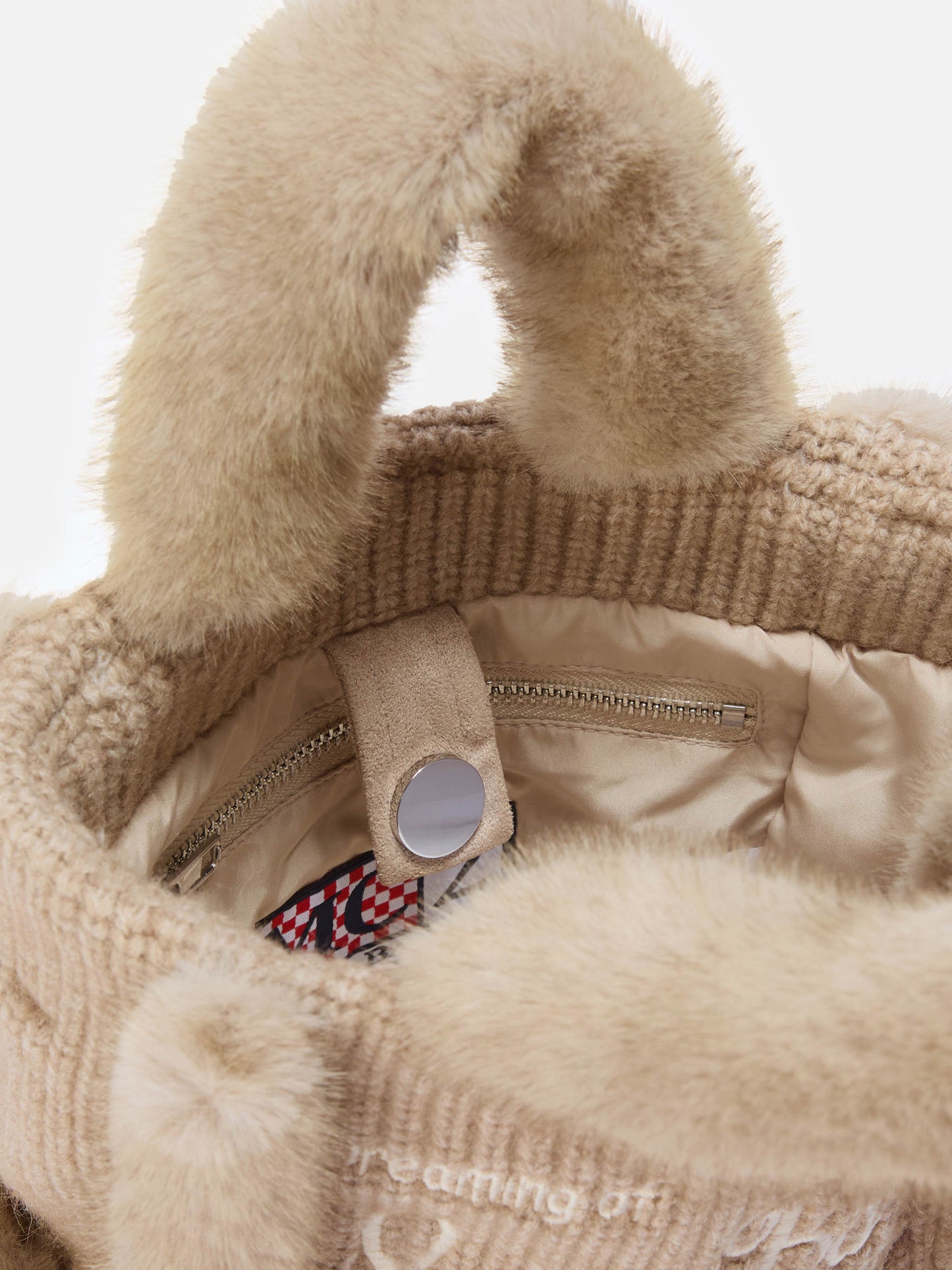 Vanity Mini Shearling Rib Handbag in beige ribbed wool blend with shearling
