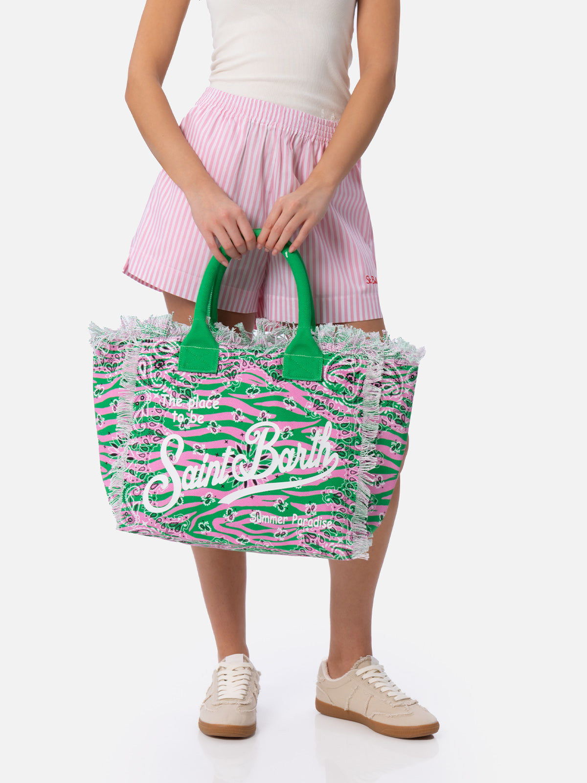 Cotton canvas tote bag with zebra and bandanna print