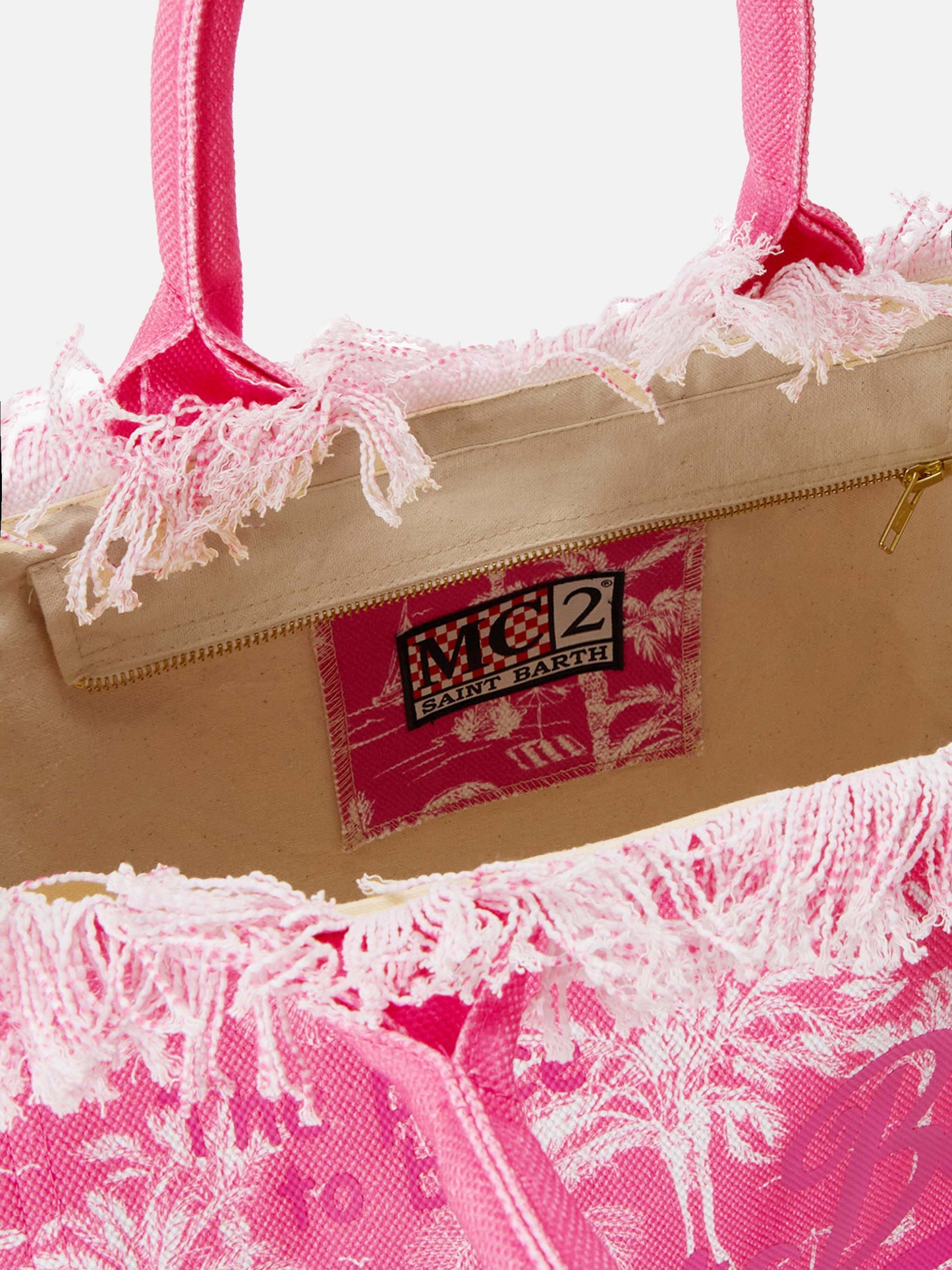 Rosafarbene Vanity-Einkaufstasche aus Baumwollcanvas mit Toile-de-Jouy-Aufdruck