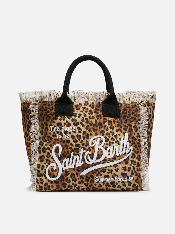 Borsa a spalla Vanity in canvas di cotone con stampa leopardata