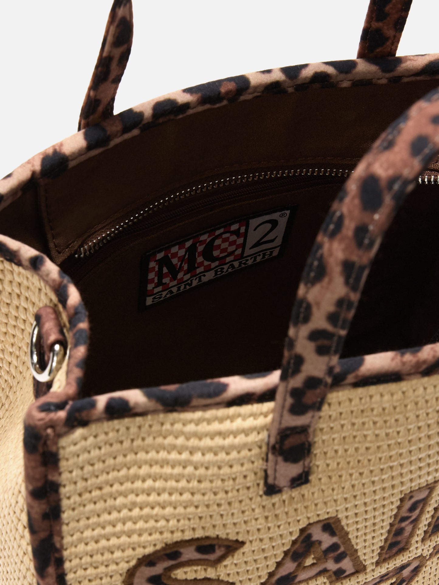 Bolso mediano efecto rafia Vivian con parches de logotipo de leopardo